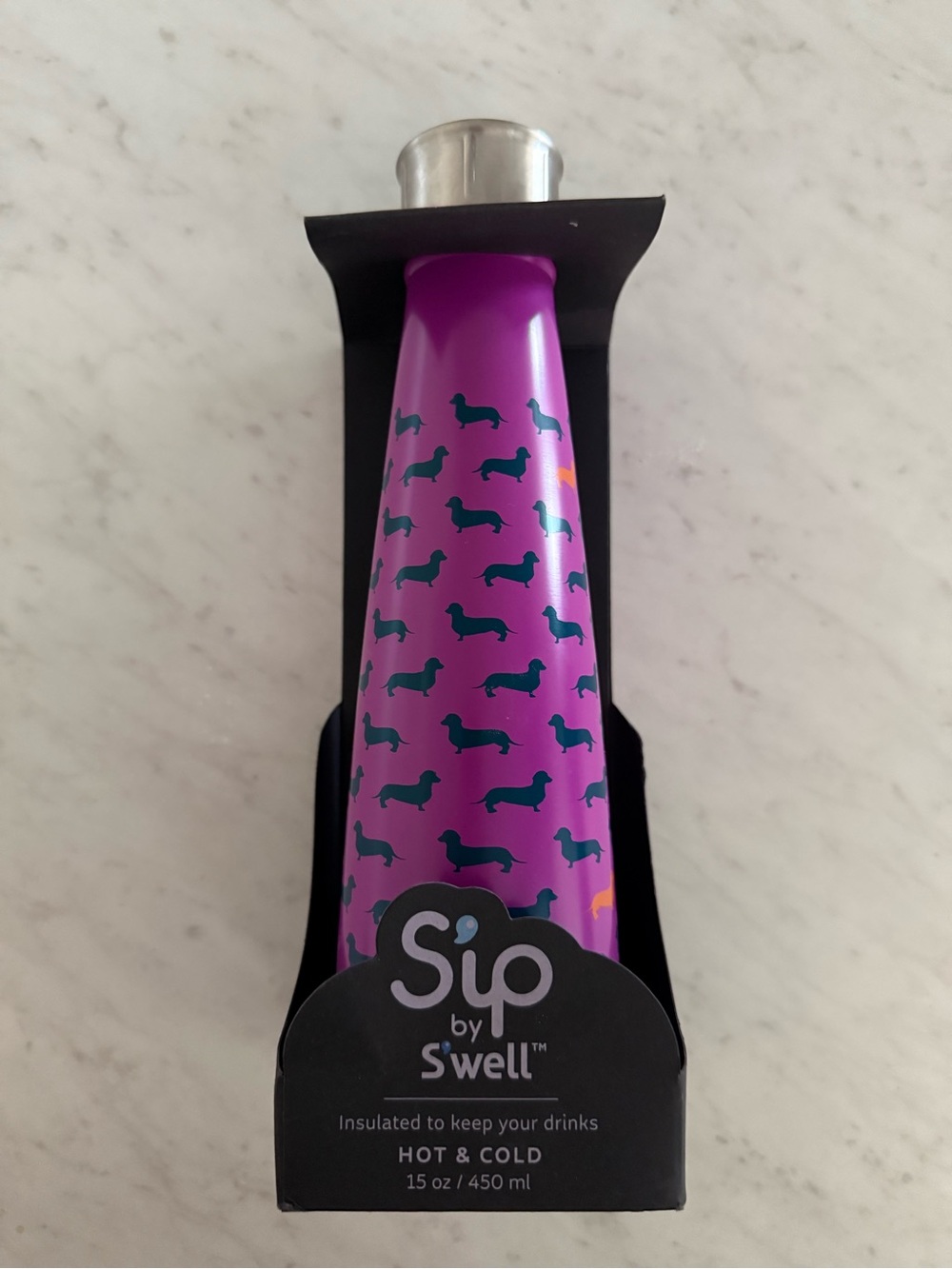 S'well Sip Purple Bottle with Teal Dachshund Print